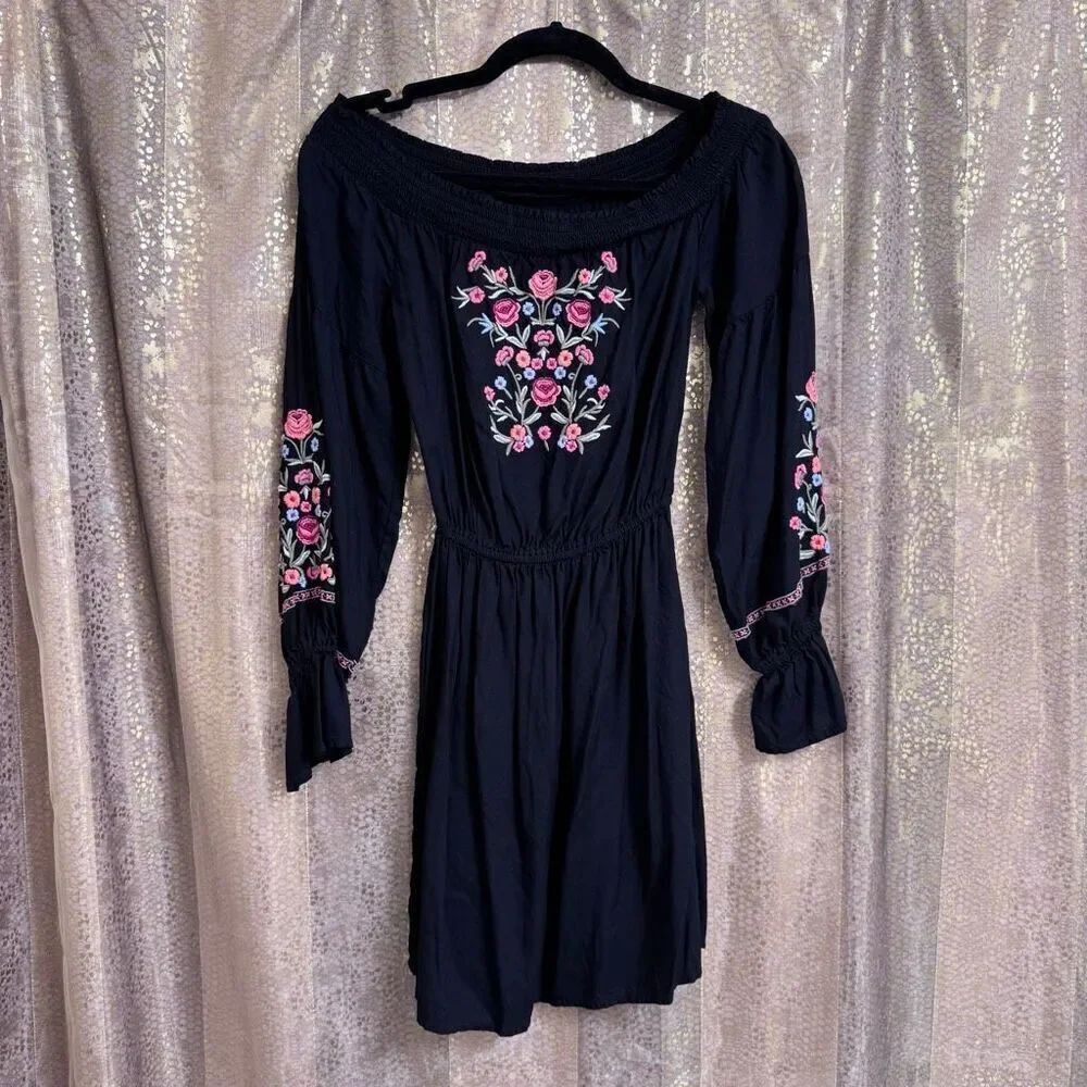 Hollister Black Colorful Flower Embroidered Off Shoulder Mini Dress XS